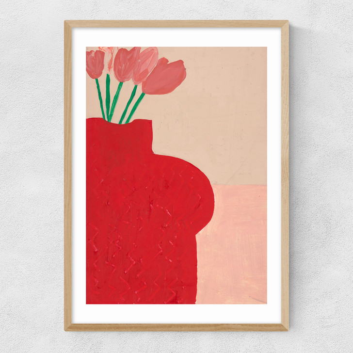 red bust vase art print by lucy muss in oak frame