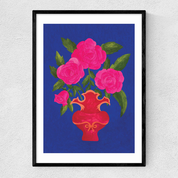 Blue Floral Vase Narrow Black Frame