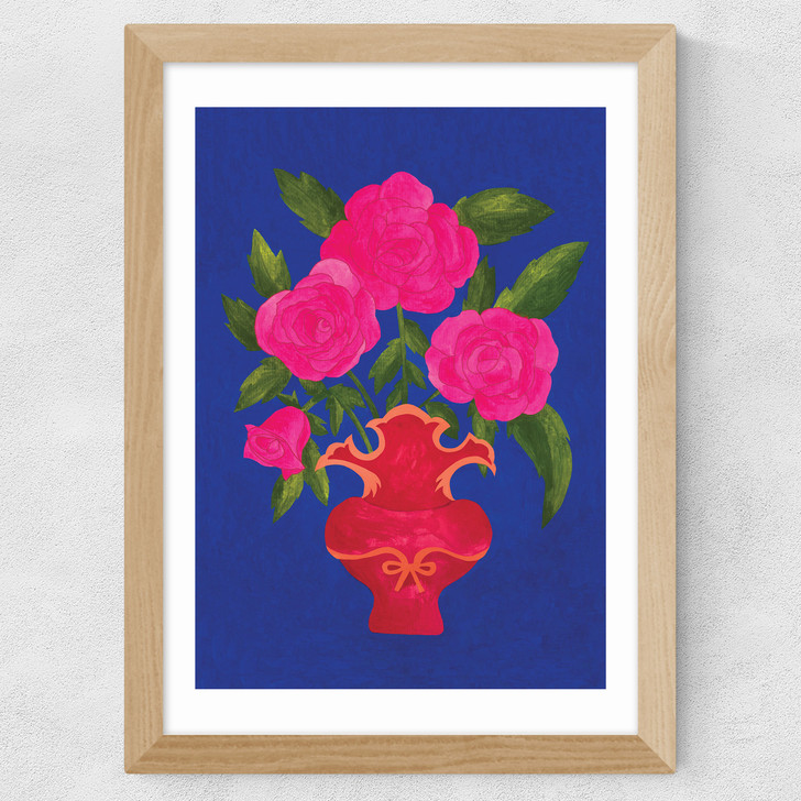 Blue Floral Vase Wide Oak Frame