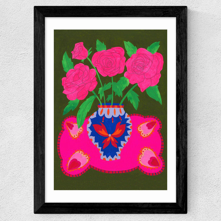 Bright Pink Floral Vase Wide Black Frame