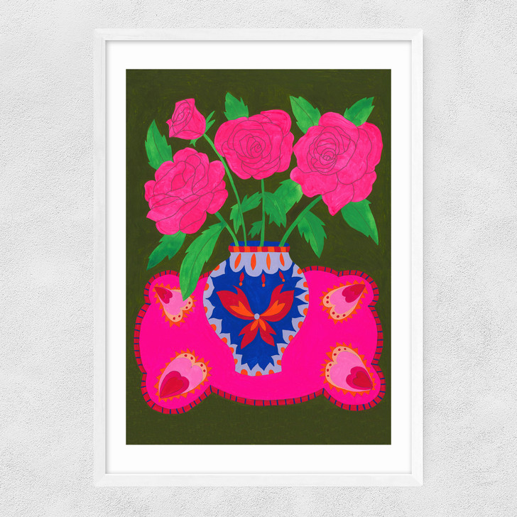 Bright Pink Floral Vase Narrow White Frame