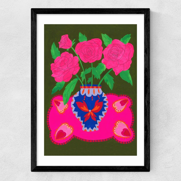 Bright Pink Floral Vase Medium Black Frame