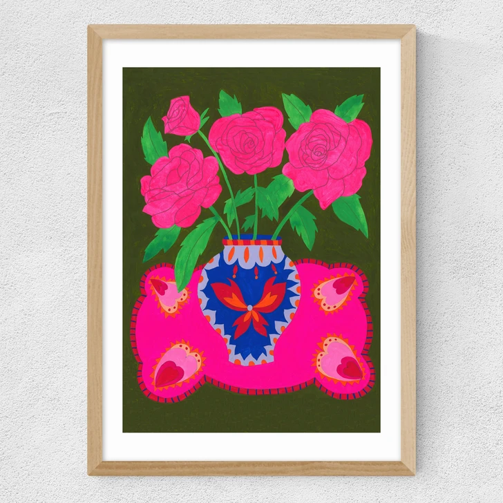 Bright Pink Floral Vase Medium Oak Frame