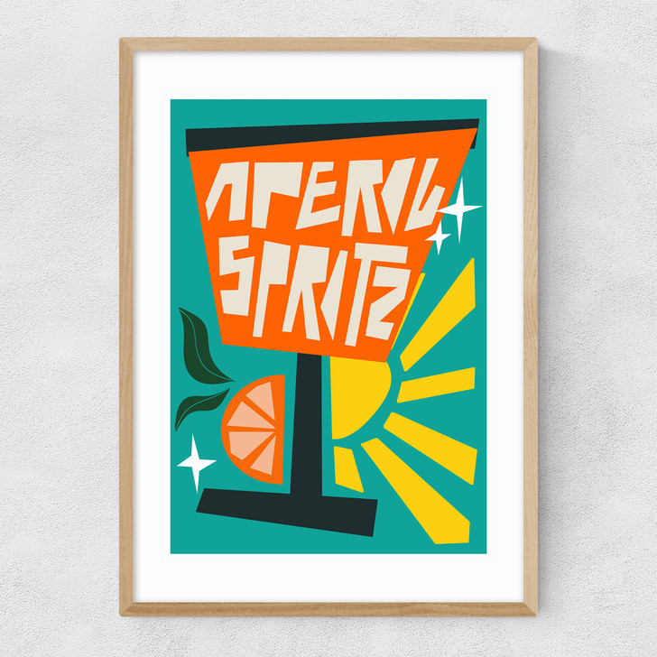 Aperol spritz blue art print by natalie cass in oak frame