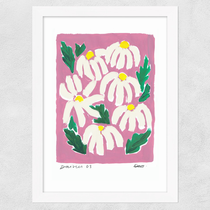 Daisies flower art print by natalie cass in white frame