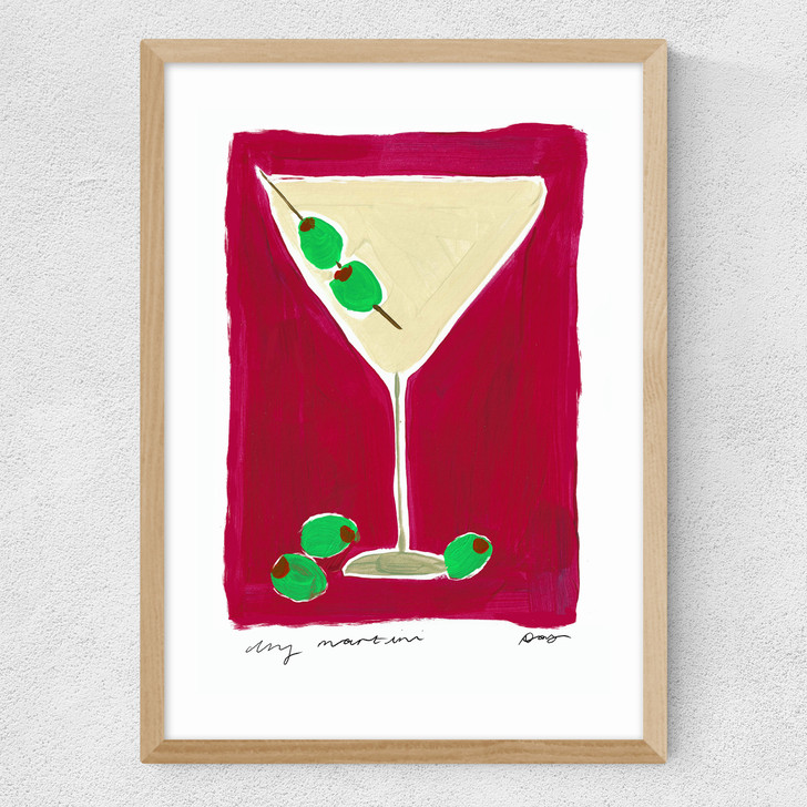 Dry martini cocktail art print by natalie cass in oak frame