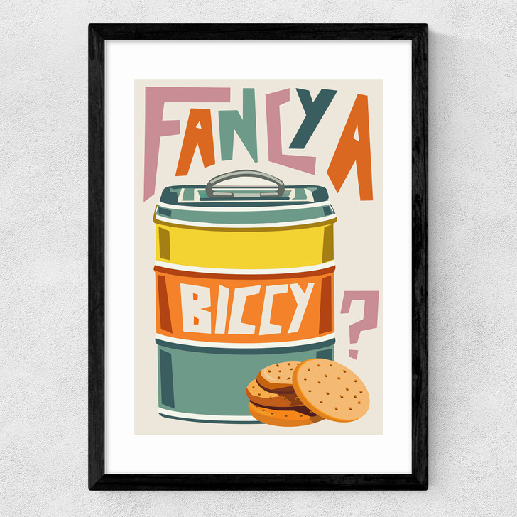 Fancy a biccy kitchen art print by natalie cass in black frame