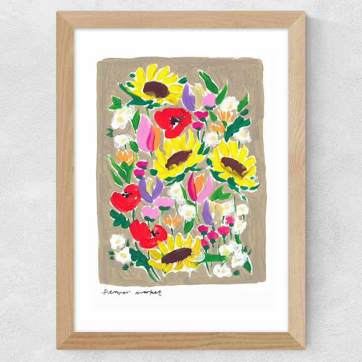 Summer flower market art print by natalie cass in oak frame