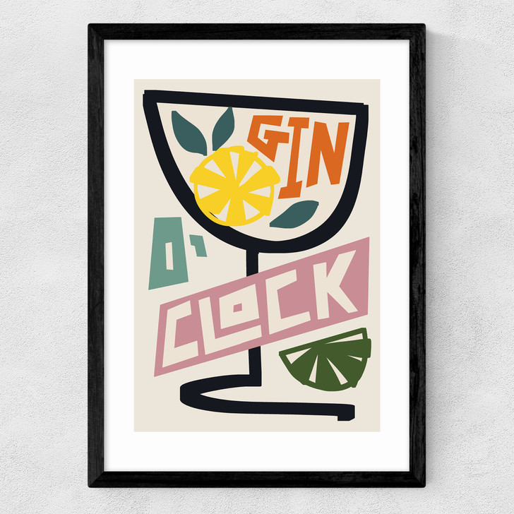 Gin o'clock art print by natalie cass in black frame