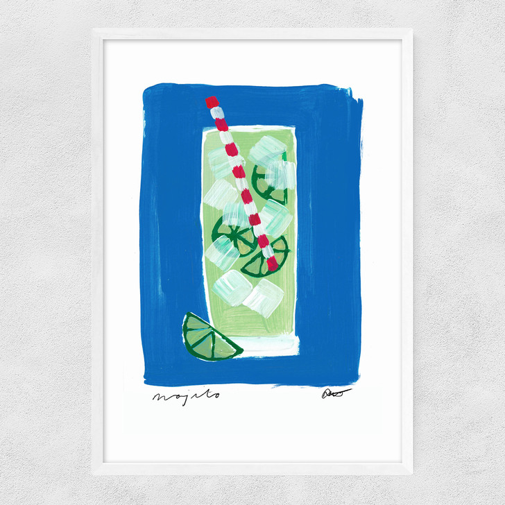 Mojito blue art print by natalie cass in white frame
