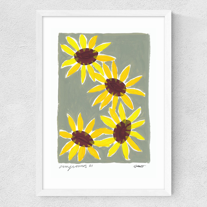 Summer sunflowers art print by natalie cass in white frame