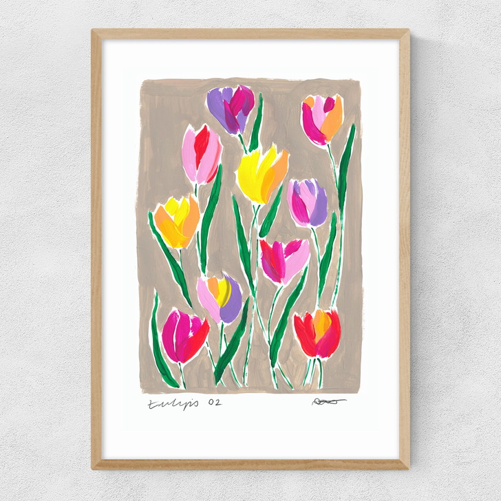 Tulip field art print by natalie cass in oak frame.