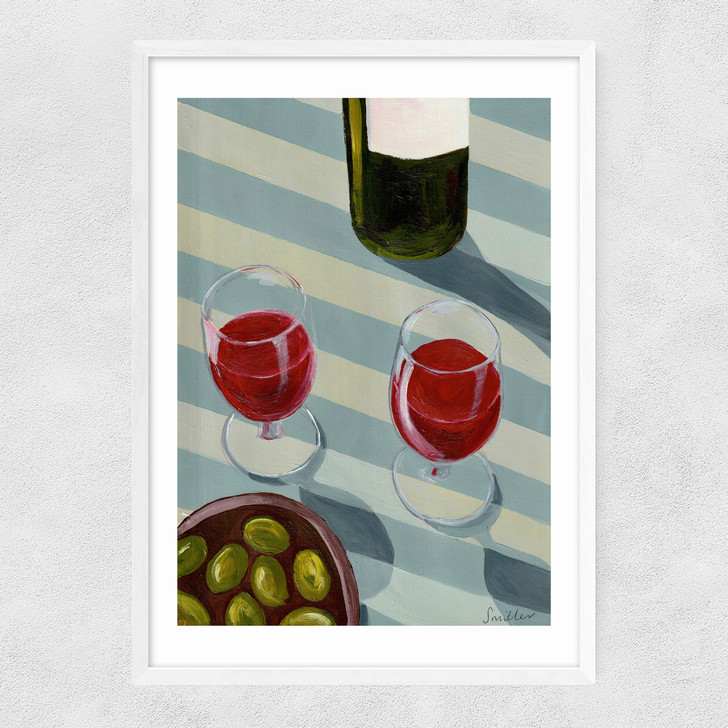 blue wine time art print by susie miller in white frame