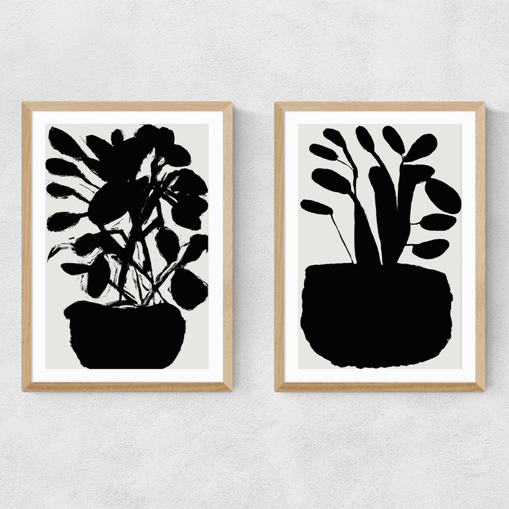 Potted Plant Silhouette Set Narrow Oak Frame