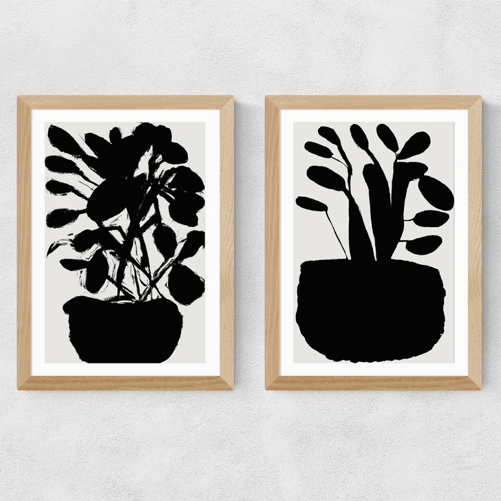 Potted Plant Silhouette Set Medium Oak Frame