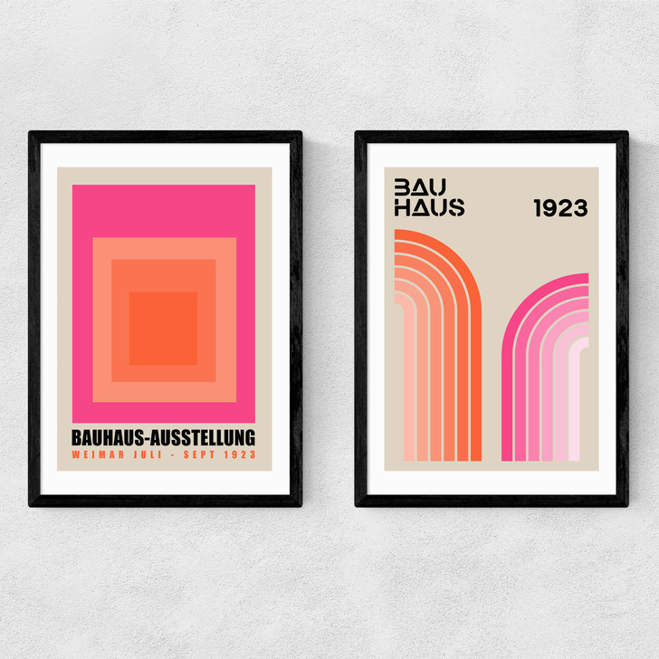 Pink and Orange Bauhaus Set by Luxe Poster Co in black frame