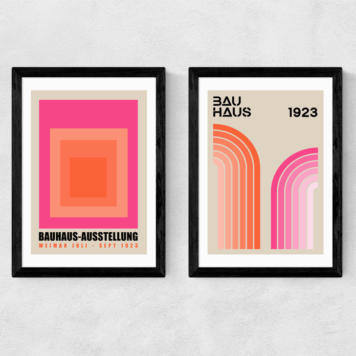 Pink and Orange Bauhaus Set Medium Black Frame Pink and Orange Bauhaus Set Medium Black Frame