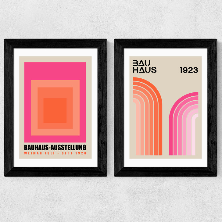 Pink and Orange Bauhaus Set Wide Black Frame Pink and Orange Bauhaus Set Wide Black Frame