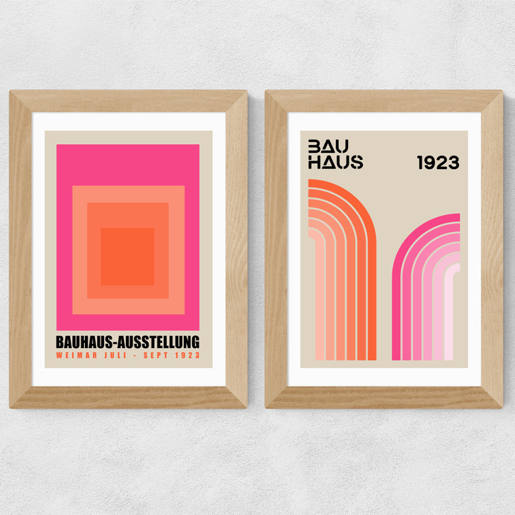Pink and Orange Bauhaus Set Wide Oak Frame Pink and Orange Bauhaus Set Wide Oak Frame