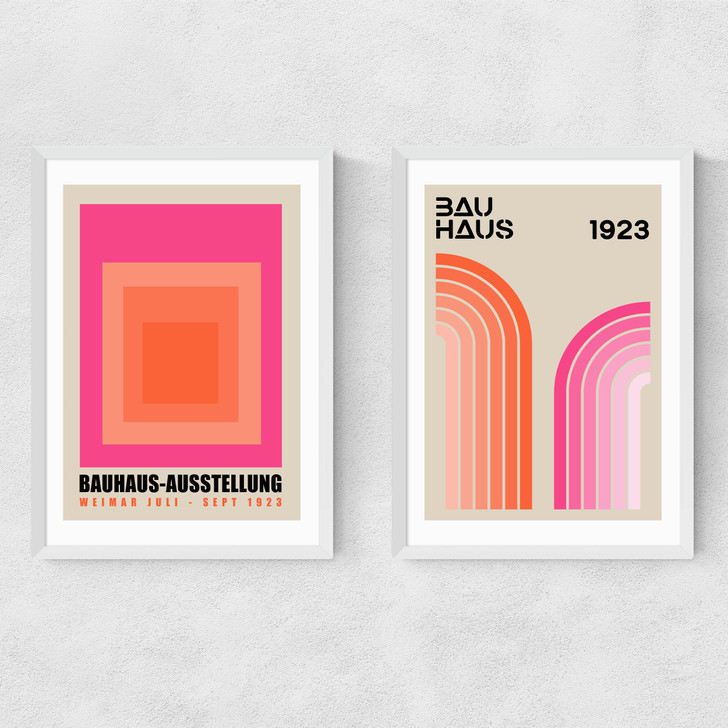 Pink and Orange Bauhaus Set Narrow White Frame