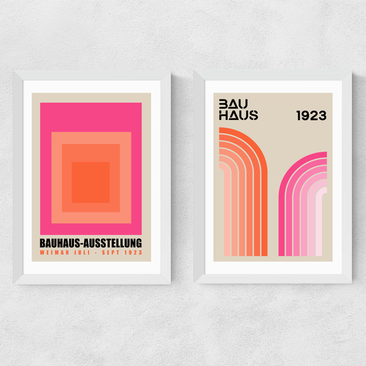 Pink and Orange Bauhaus Set Medium White Frame