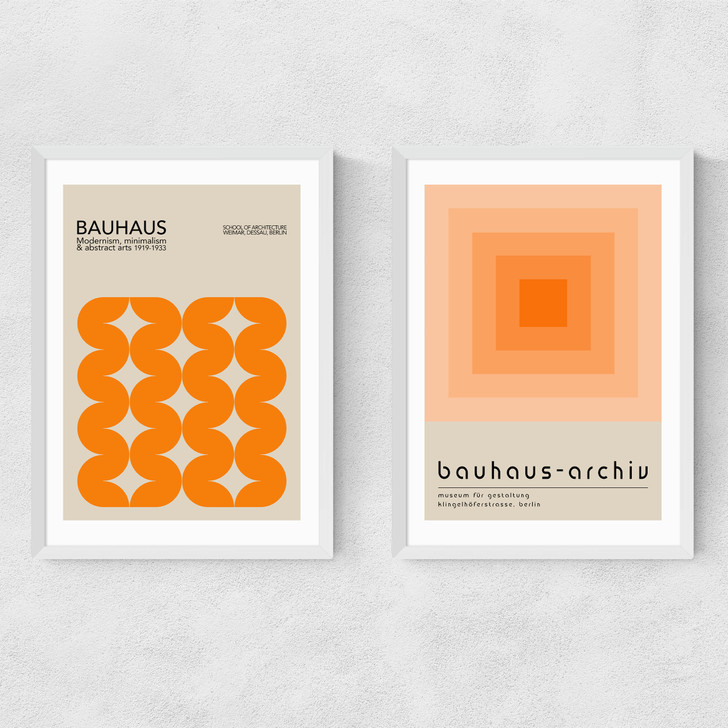 Orange Bauhaus Set by Luxe Poster Co in white frame