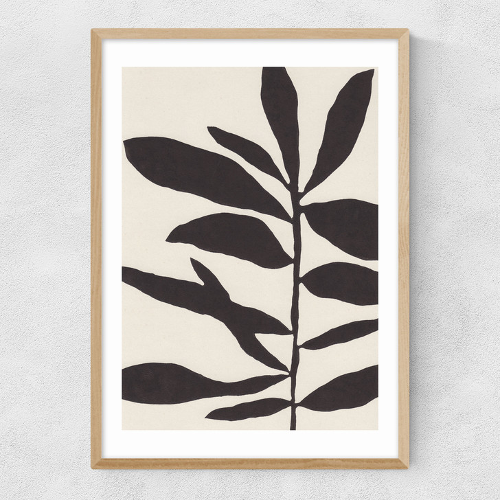 Linocut Branch III White Black Narrow Oak Frame