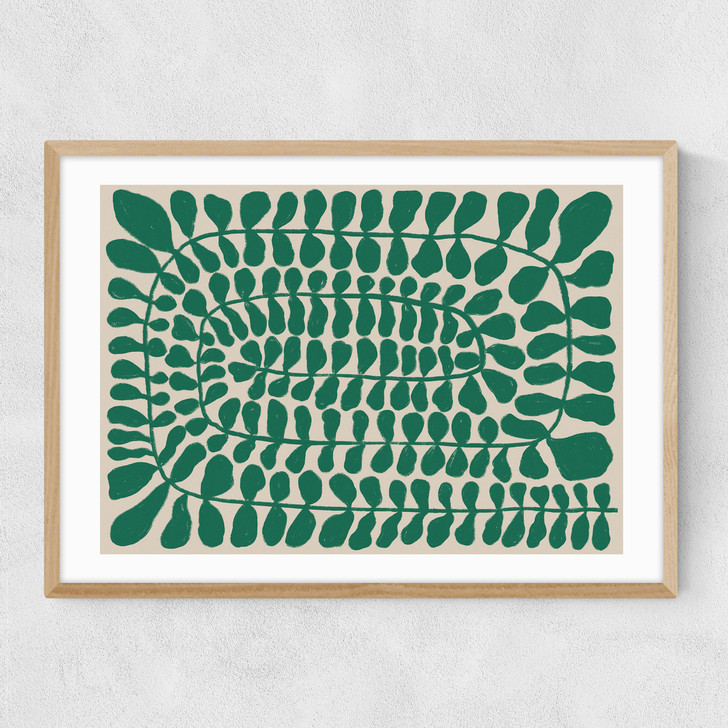 one hundred leaved landscape green art print in oak frame