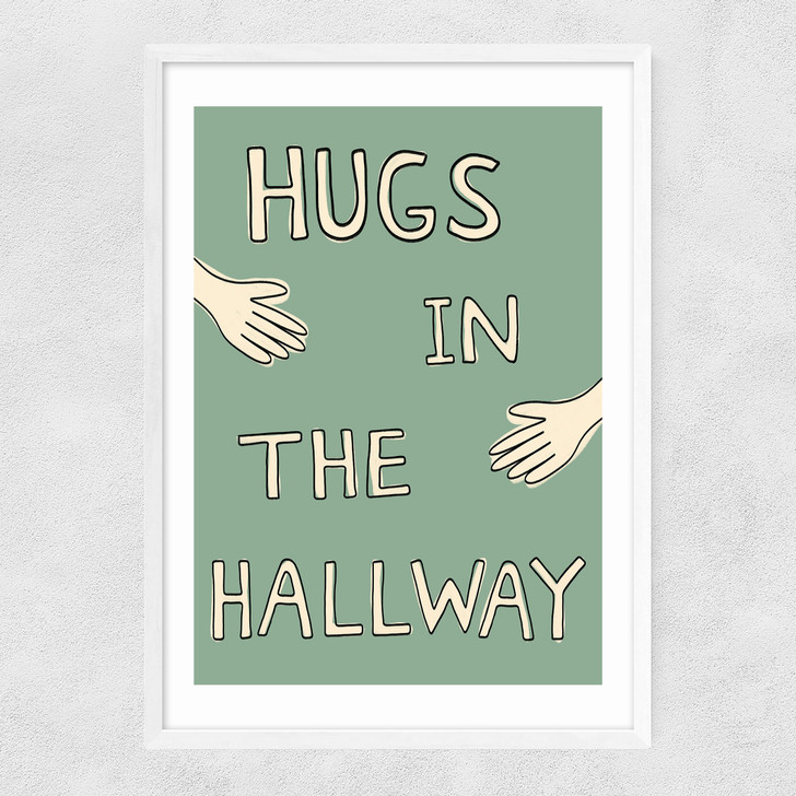 hugs in the hallway art print by amber may art in white frame