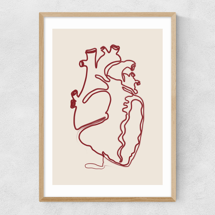 heart line art print by the print republic in oak frame