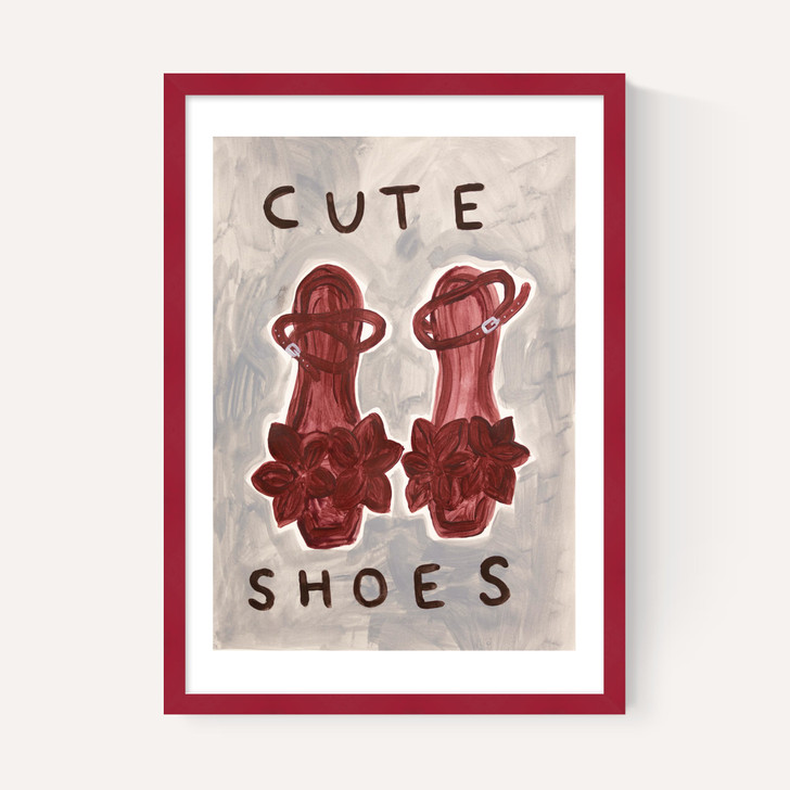cute shoes art print by she snacks and paints in burgundy frame