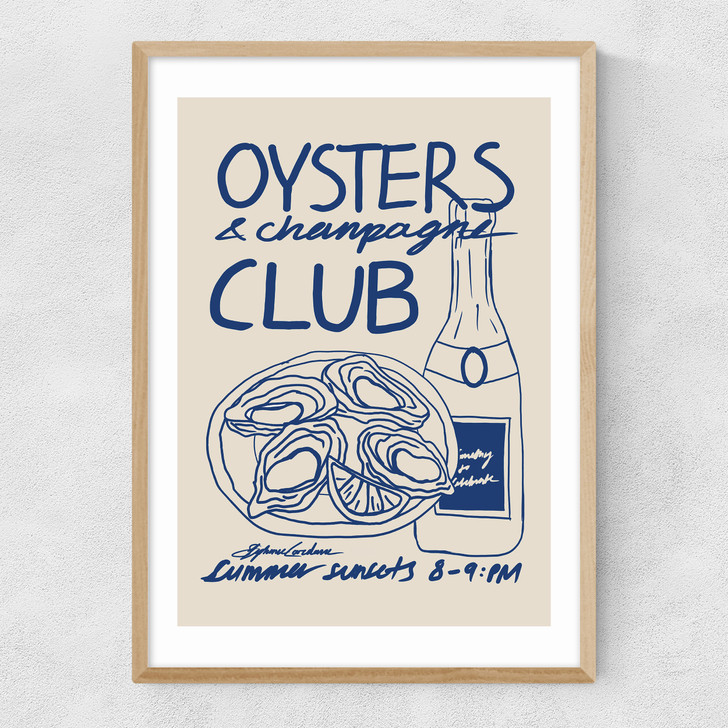 oysters & champagne club art print by stephie cardona in oak frame