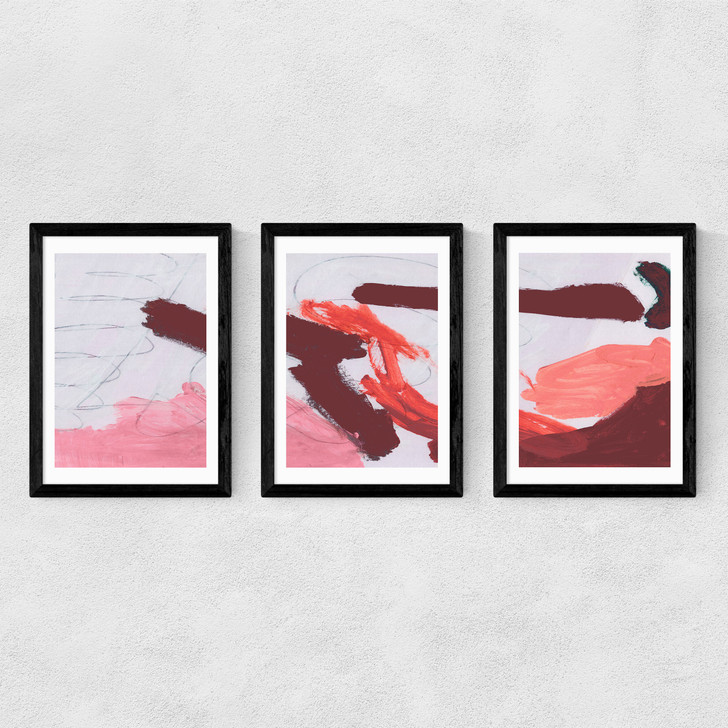 Pink Brush Tryptich Medium Black Frame