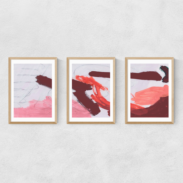 Pink Brush Tryptich Narrow Oak Frame