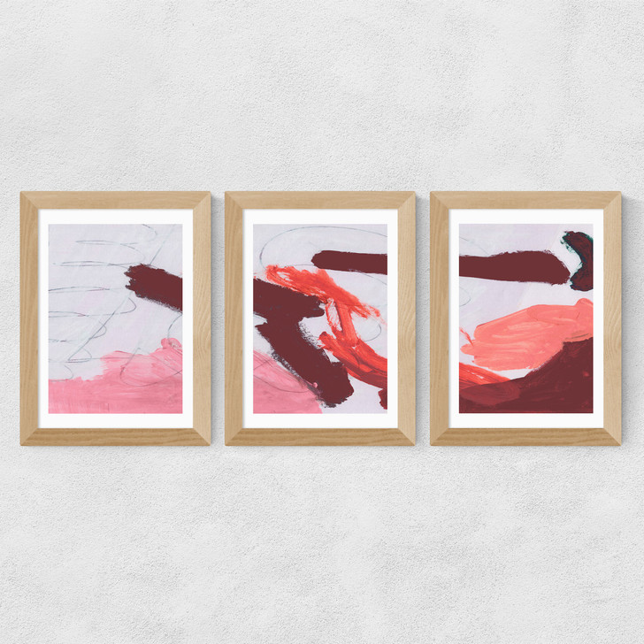 Pink Brush Tryptich Wide Oak Frame