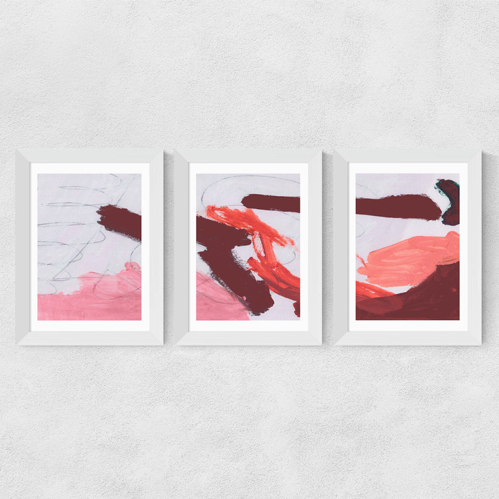 Pink Brush Tryptich Wide White Frame