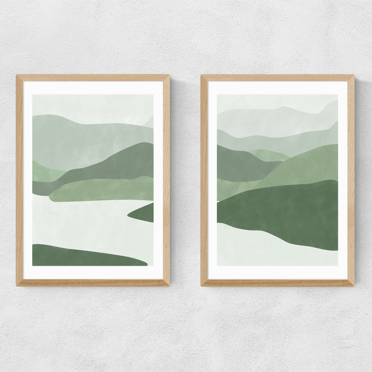 green landscape set art print by the print republic in oak frame