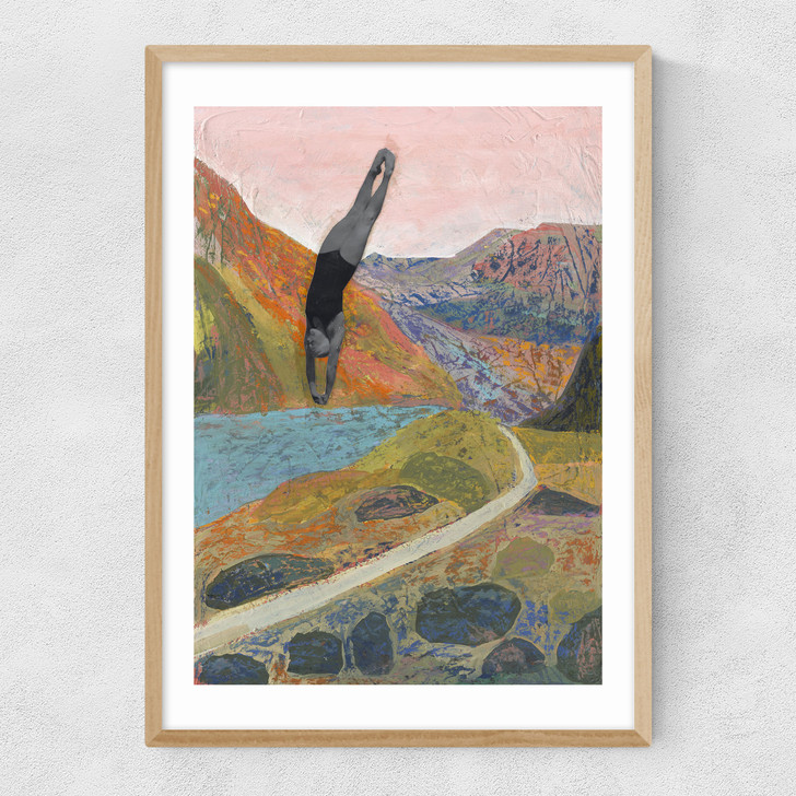 Midcentury Modern Swimming Diving Narrow Oak Frame