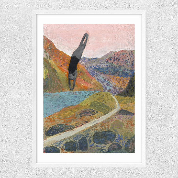 Midcentury Modern Swimming Diving Narrow White Frame