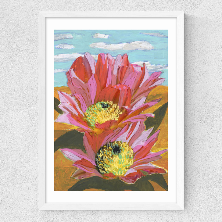 Pink Desert Cactus Flower Medium White Frame