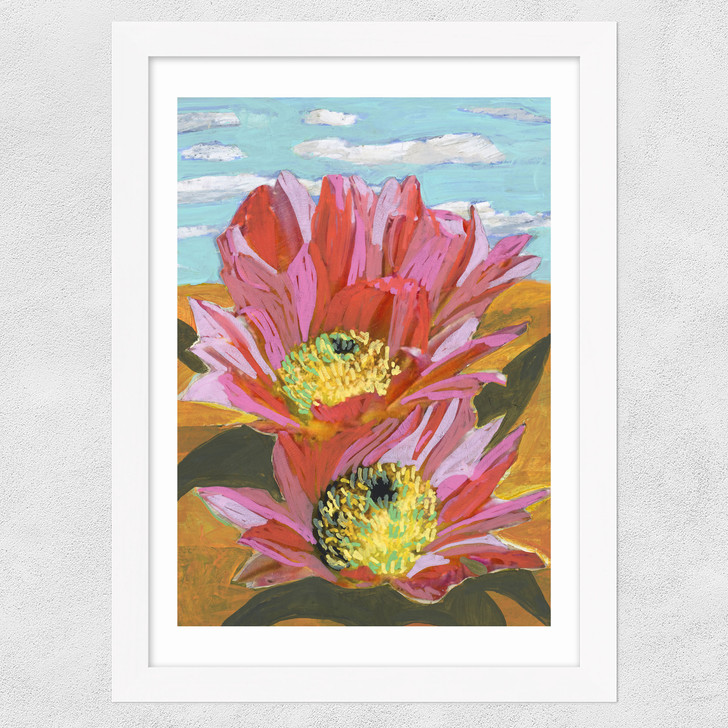 Pink Desert Cactus Flower Wide White Frame