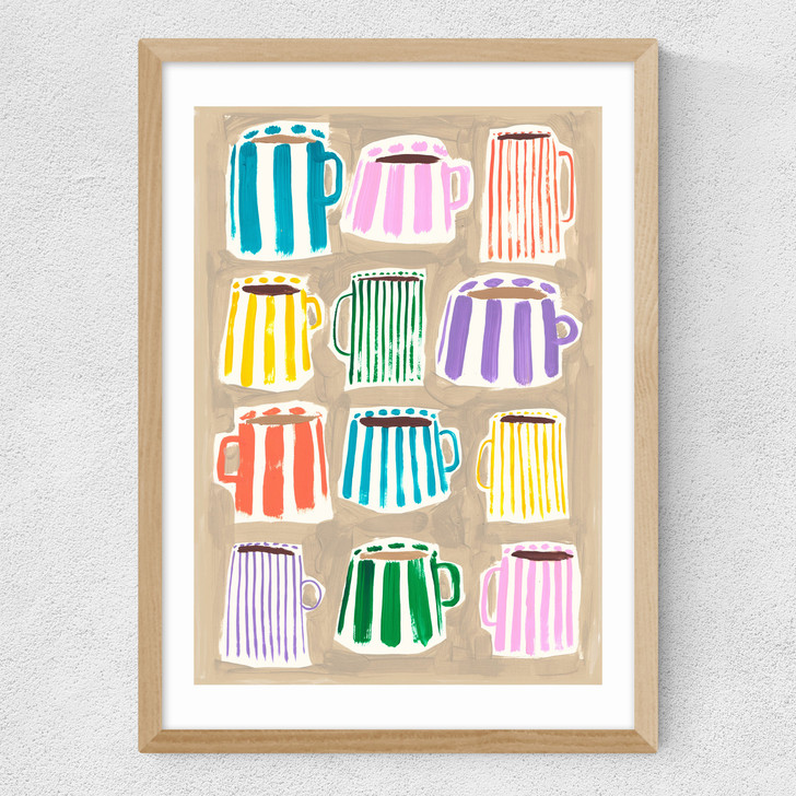 Stripey Coffee Cups Medium Oak Frame