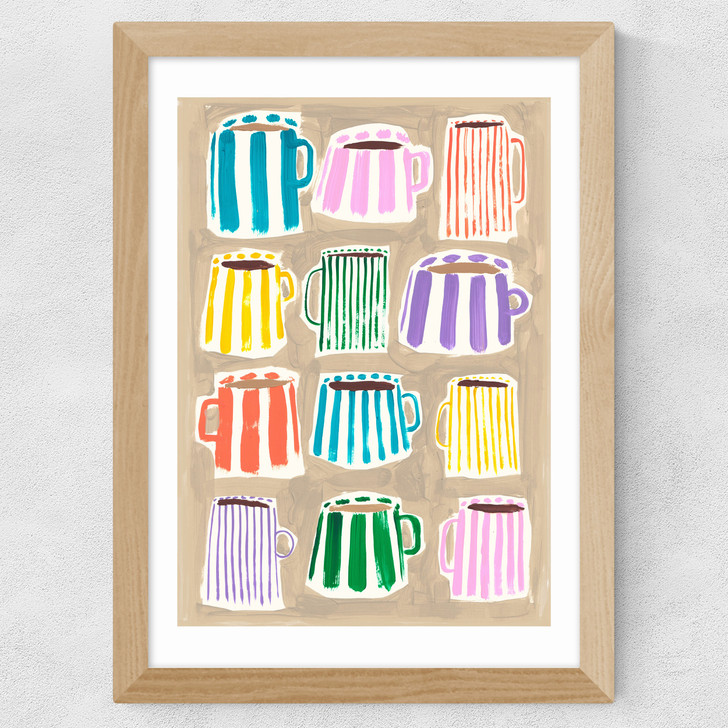 Stripey Coffee Cups Wide Oak Frame