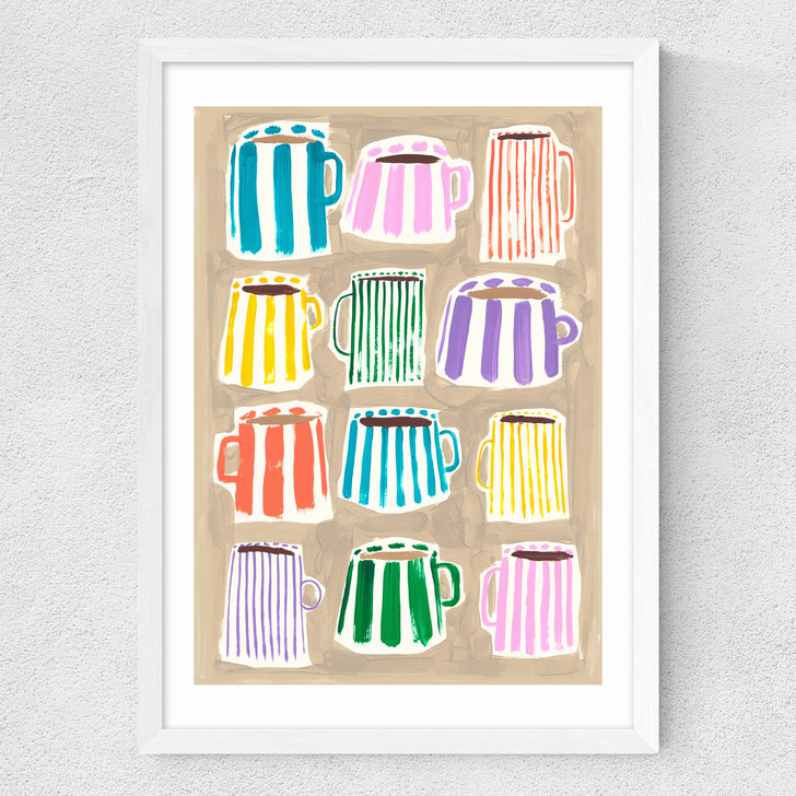 Stripey Coffee Cups Medium White Frame