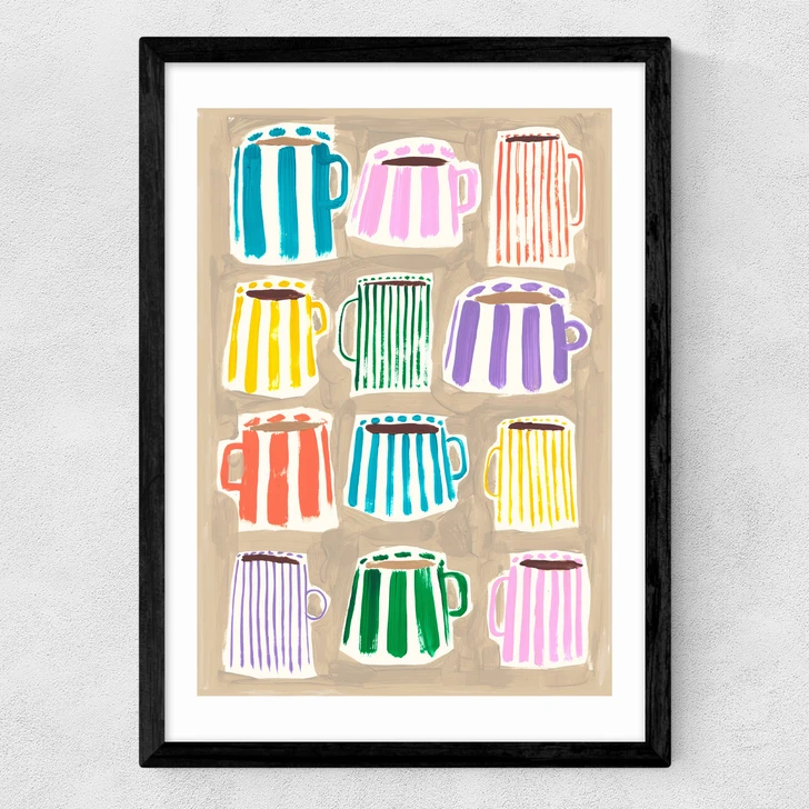 Stripey Coffee Cups Medium Black Frame