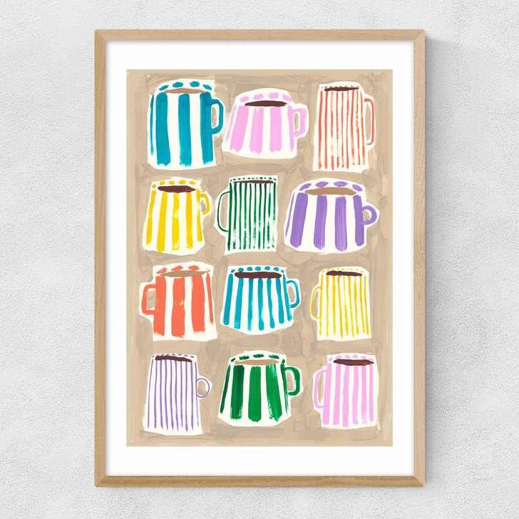 Stripey Coffee Cups Narrow Oak Frame