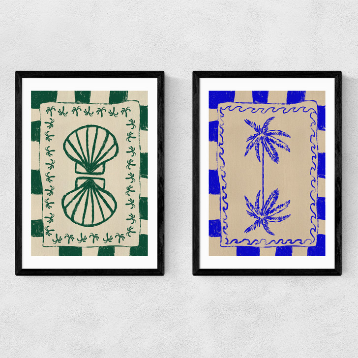 Coastal Charm And Seashell Diptych Narrow Black Frame