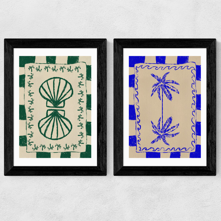 Coastal Charm And Seashell Diptych Wide Black Frame