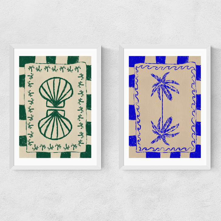 Coastal Charm And Seashell Diptych Narrow White Frame