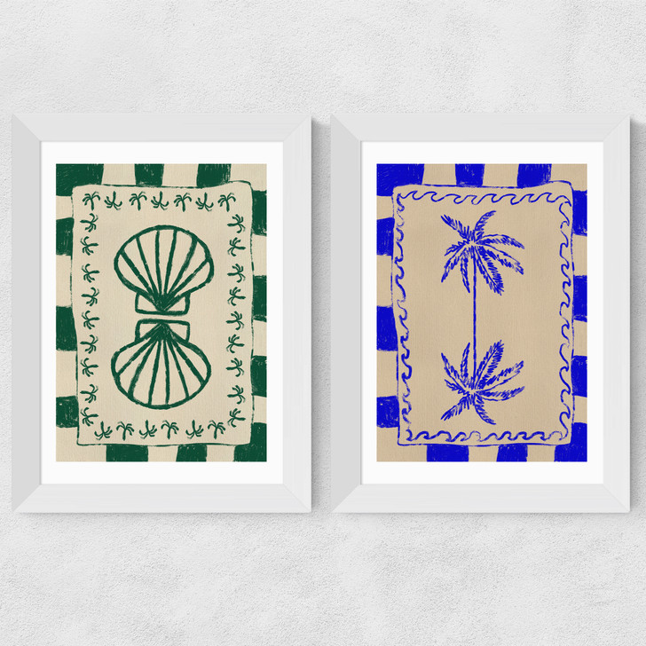 Coastal Charm And Seashell Diptych Wide White Frame